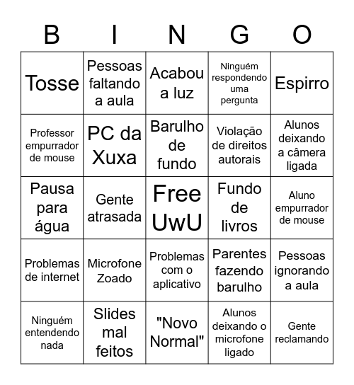 Bingo da Aula Remota Bingo Card