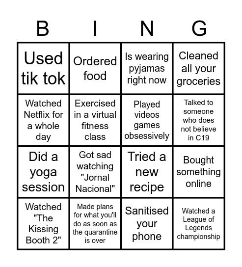 Quarantine bingo Card