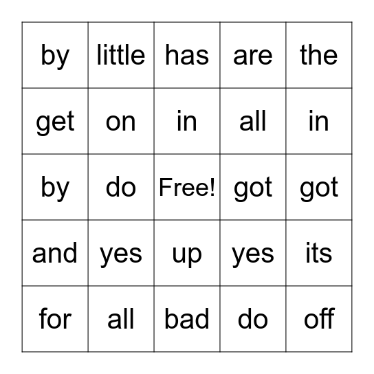 site word bingo!  level 1 Bingo Card