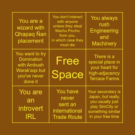 Inca Main Bingo Card