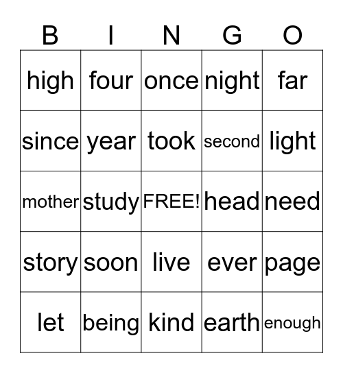 Sight Word List G Bingo Card