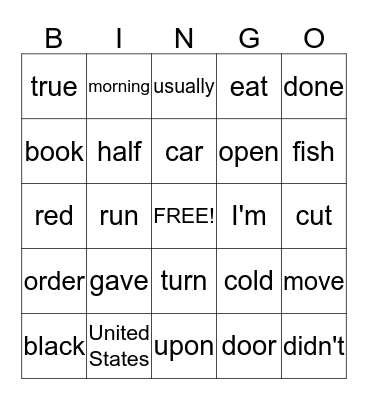 Sight Word I Bingo Card