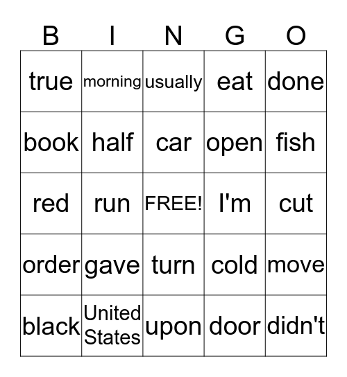 Sight Word I Bingo Card