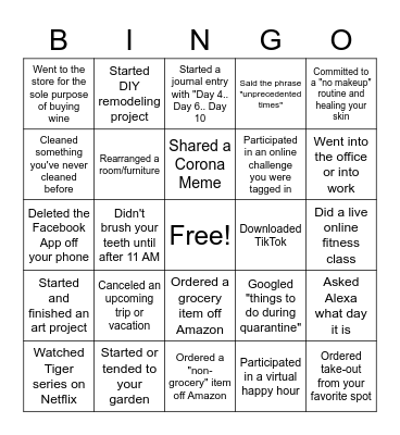 Quarantine Bingo Card
