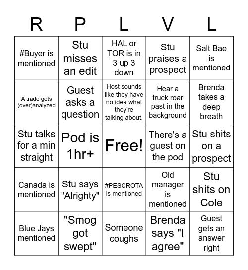 Replacement Level Bingo Card