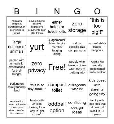 Tiny House Hunters Bingo Card