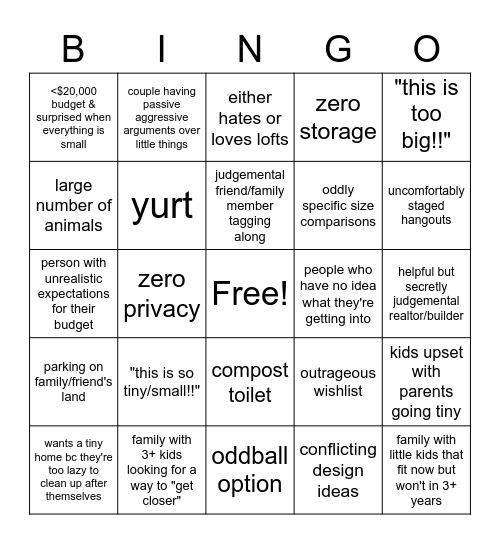 Tiny House Hunters Bingo Card