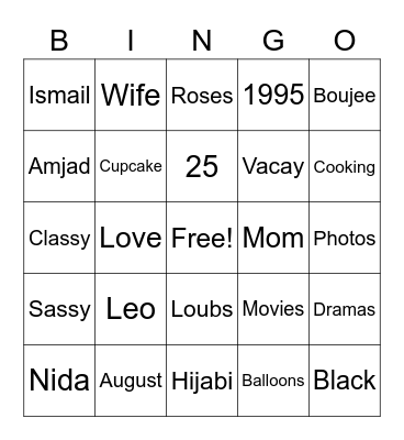 Nida's Birthday Bingo Card