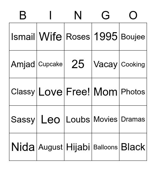 Nida's Birthday Bingo Card