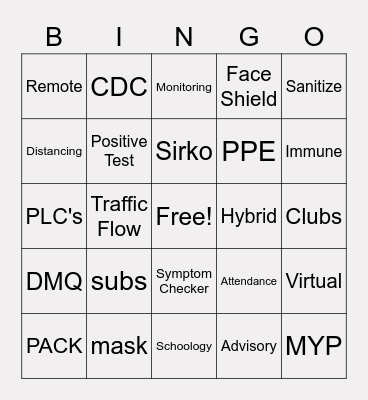 Back to School 2020 Bingo Card