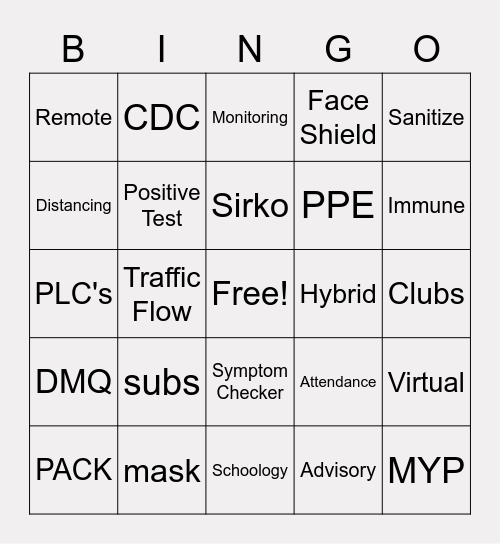 Back to School 2020 Bingo Card