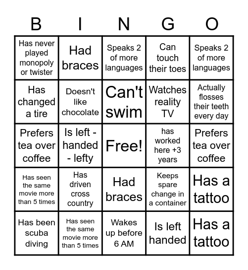 Team Building Bingo Card