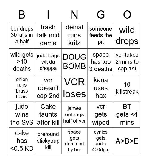 VCR vs BT Bingo Card