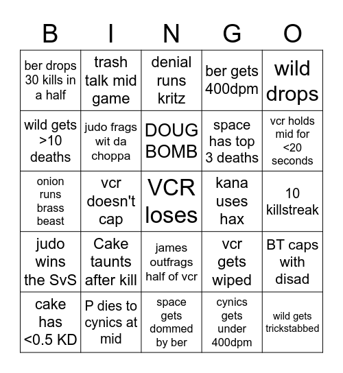 VCR vs BT Bingo Card