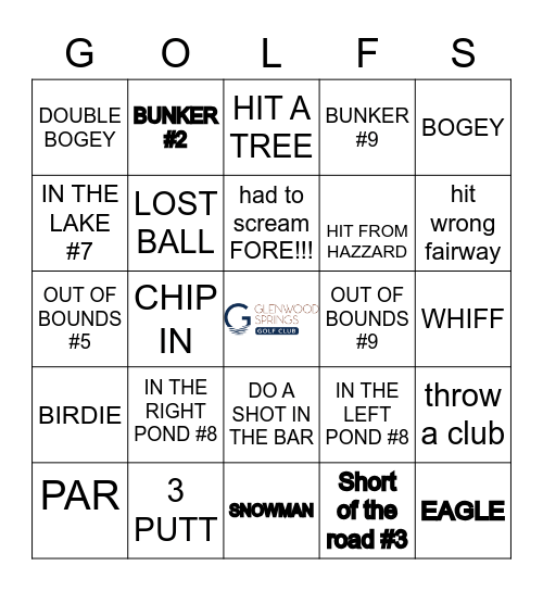 Glenwood "Swings" Couples Tournament Bingo Card