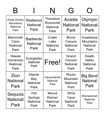 National Parks Bingo Card