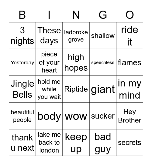 Music Hits Bingo Card