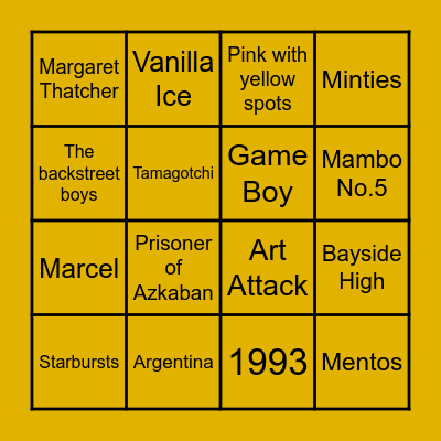 90’s Bingo Trivia Bingo Card