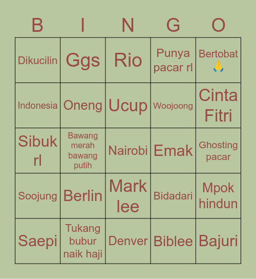 Lili Bingo Card