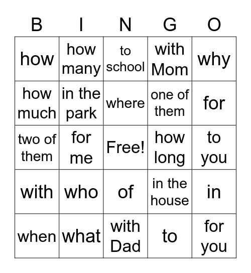 Question Words and Prepositions BINGO Simple #1 Bingo Card