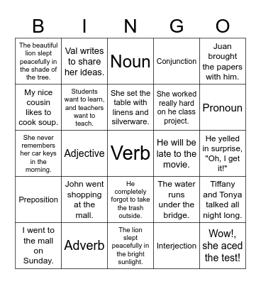 Parts of Speech Bingo Card