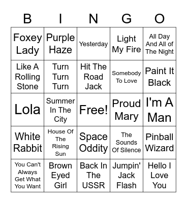 60s Rock Anthems Bingo Card