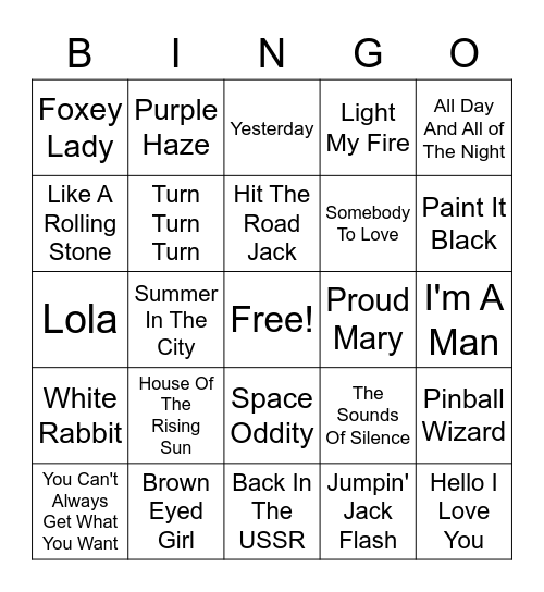 60s Rock Anthems Bingo Card