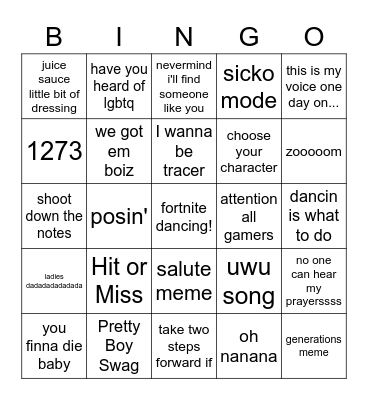 Tik Tok Bingo Card