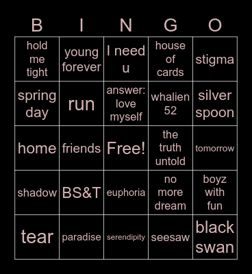 wilson's fav bts songs Bingo Card