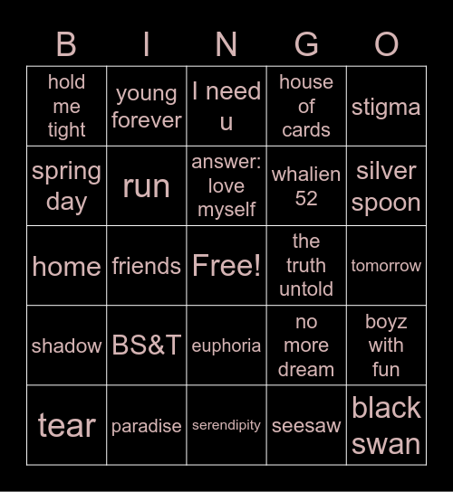 wilson's fav bts songs Bingo Card