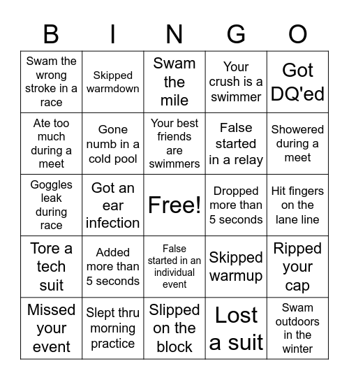 Swimmer's Bingo Card