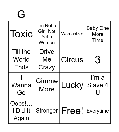 Britney Spears Bingo Card