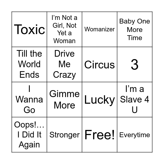 Britney Spears Bingo Card