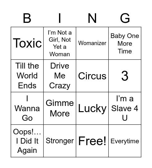 Britney Spears Bingo Card