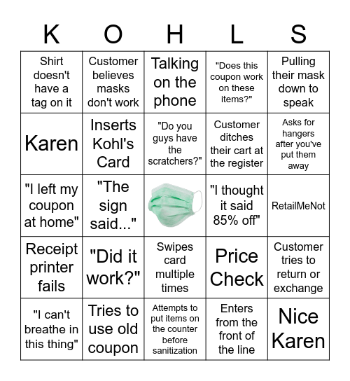 Kohl's COVID Bingo (POS) Bingo Card