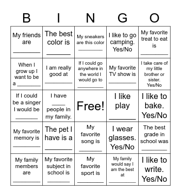 Get to Know Me! Bingo Card