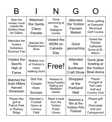 Yorkton Tourism Bingo Card