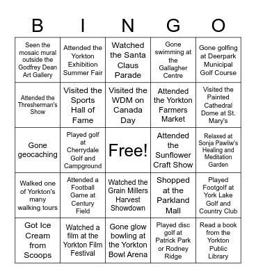Yorkton Tourism Bingo Card