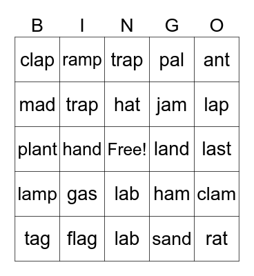L38 CVC Picture-Word Match Cards Bingo Card