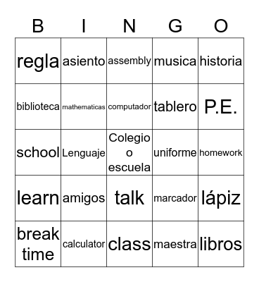 School Bingo Card