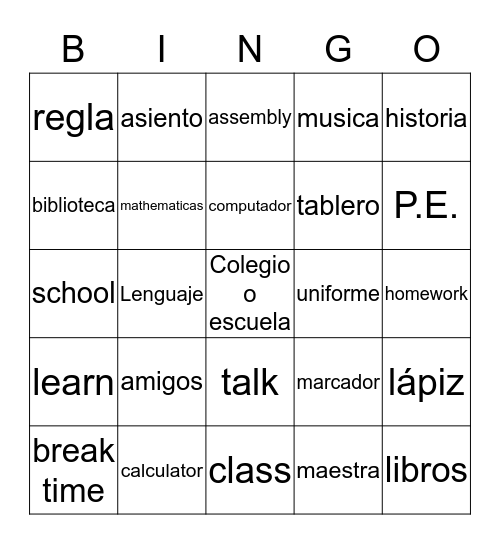 School Bingo Card