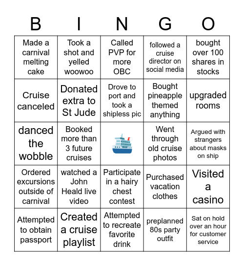 No Cruise Bingo Card