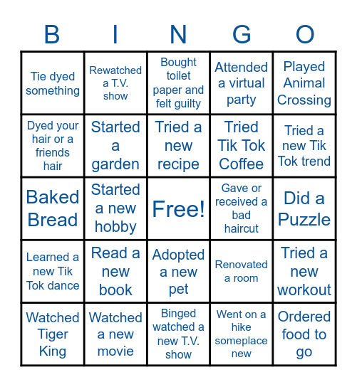 Quarantine Bingo Card