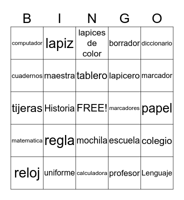 Utiles escolares Bingo Card