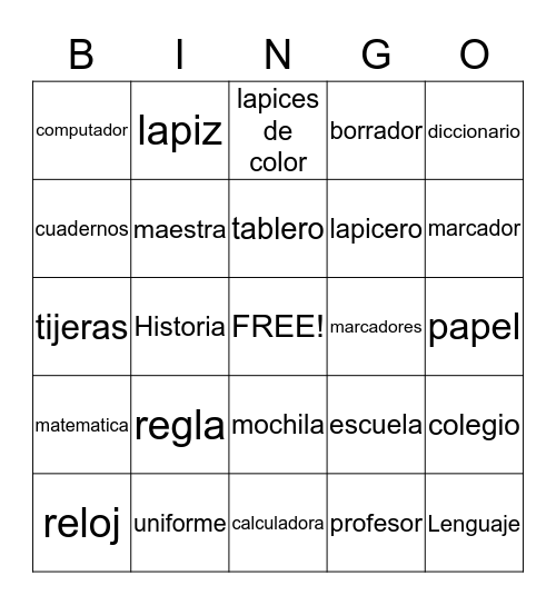 Utiles escolares Bingo Card