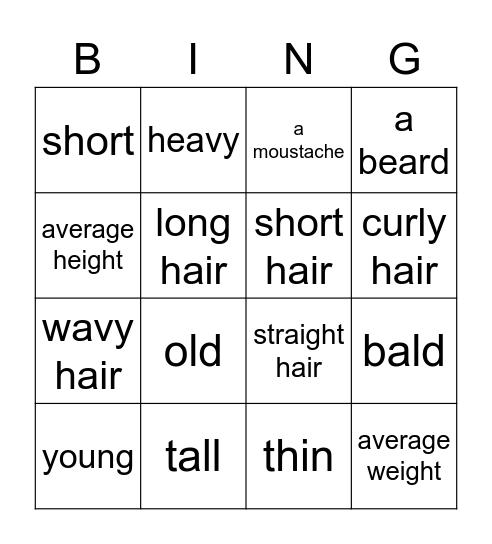 Adjective (EIA 1, 3) Bingo Card