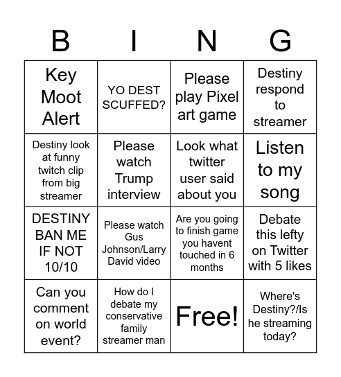 DGG Request Bingo Card