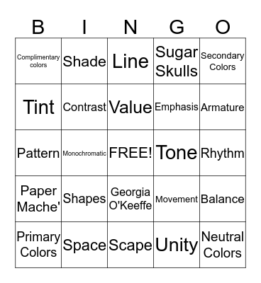 Basic Art Vocabulary Bingo Card