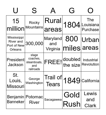 United States Bingo: 1700-1850 Bingo Card