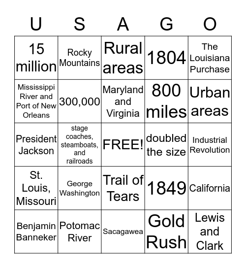 United States Bingo: 1700-1850 Bingo Card